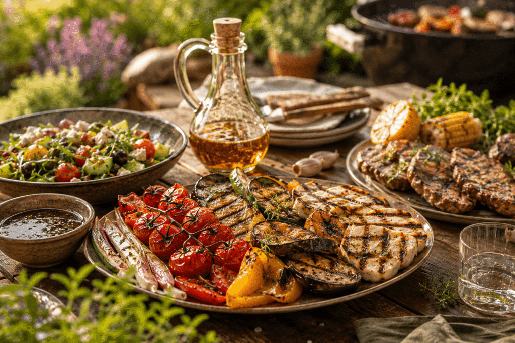 Grillezett hús zöldségekkel rusztikus fatálon, mellette ecetes pác vagy máz egy üvegben és ecsettel, nyári grillhangulatban.