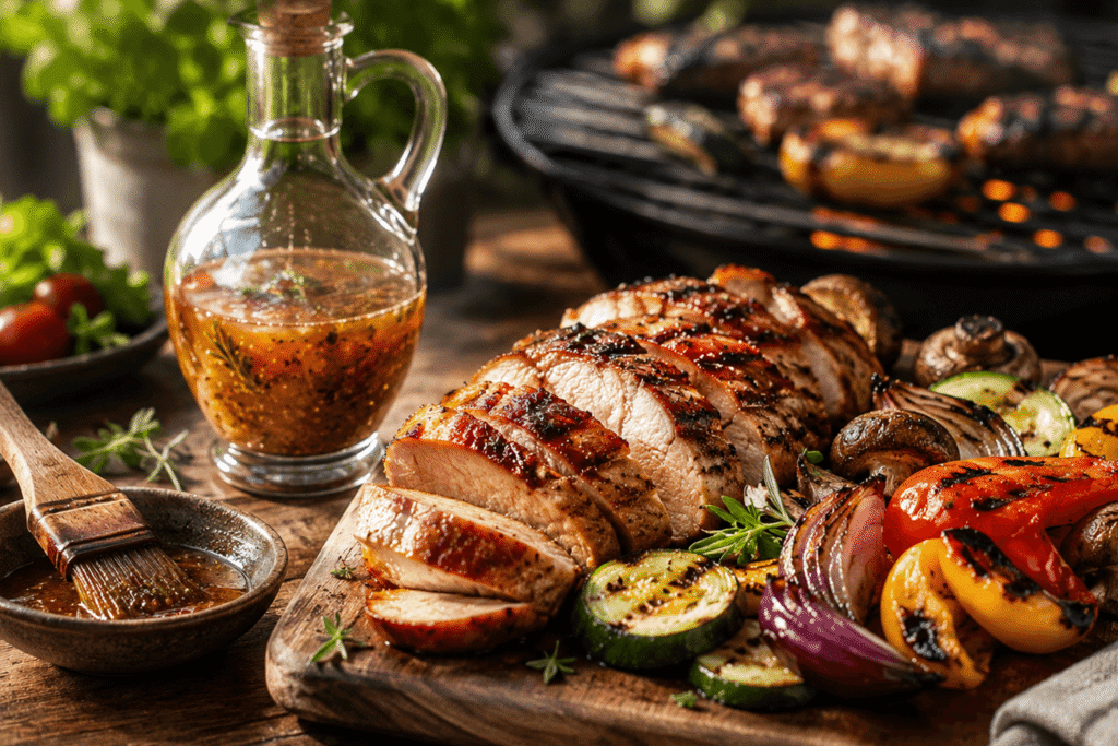 Nyári grillasztal grillezett zöldségekkel, sajttal, húsokkal, friss salátával és ecetes öntettel, kerti grillezés hangulatában.