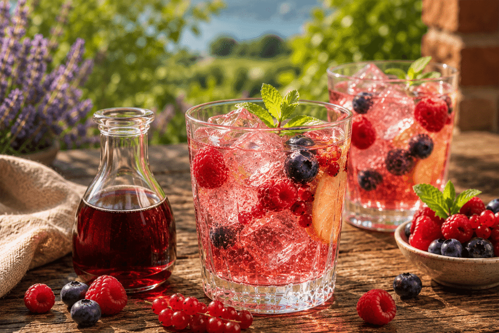 Gyümölcsös balzsamecetes nyári frissítő pohárban, jéggel, málnával, áfonyával, ribizlivel, mentával és egy kis üveg piros gyümölcsecettel. Shrub és fröccs.