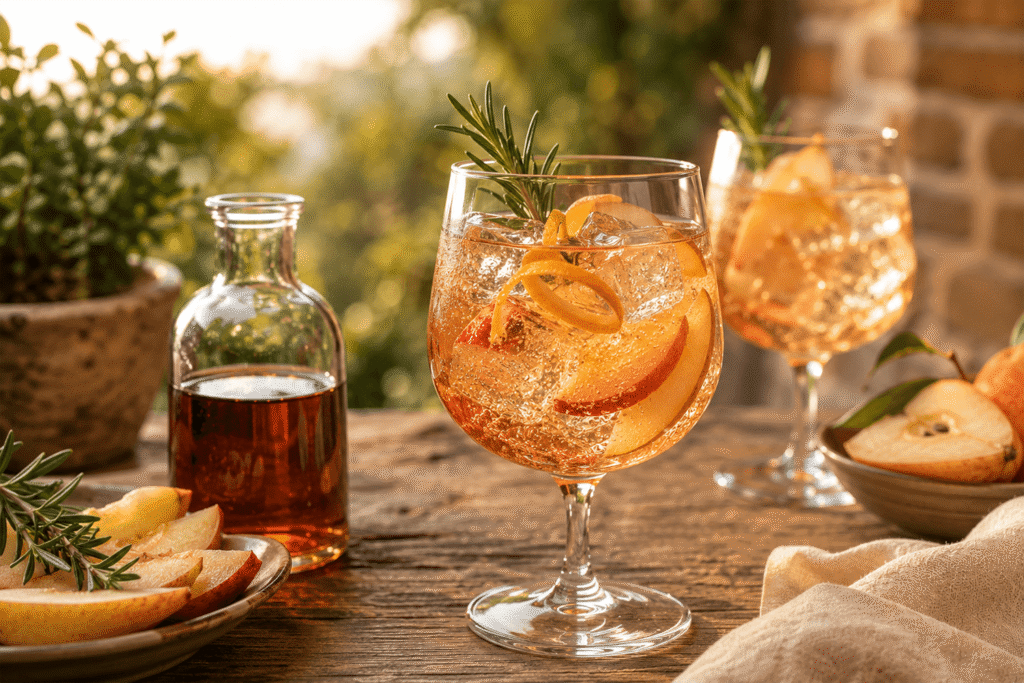 Alkoholmentes aperitif jellegű ital gyümölcsös ecettel, jéggel, körte- vagy barackszeletekkel, citruscsavarral és rozmaringgal, rusztikus teraszos hangulatban. Shrub, fröccs és aperitif.