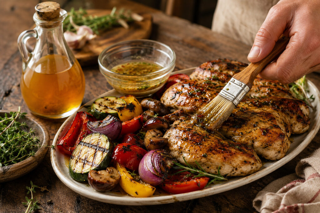 Grillezett csirkemellek és sült zöldségek láthatók rusztikus tálon, miközben ecetes-fűszeres páccal kenik át őket. Almaecet üvegben.