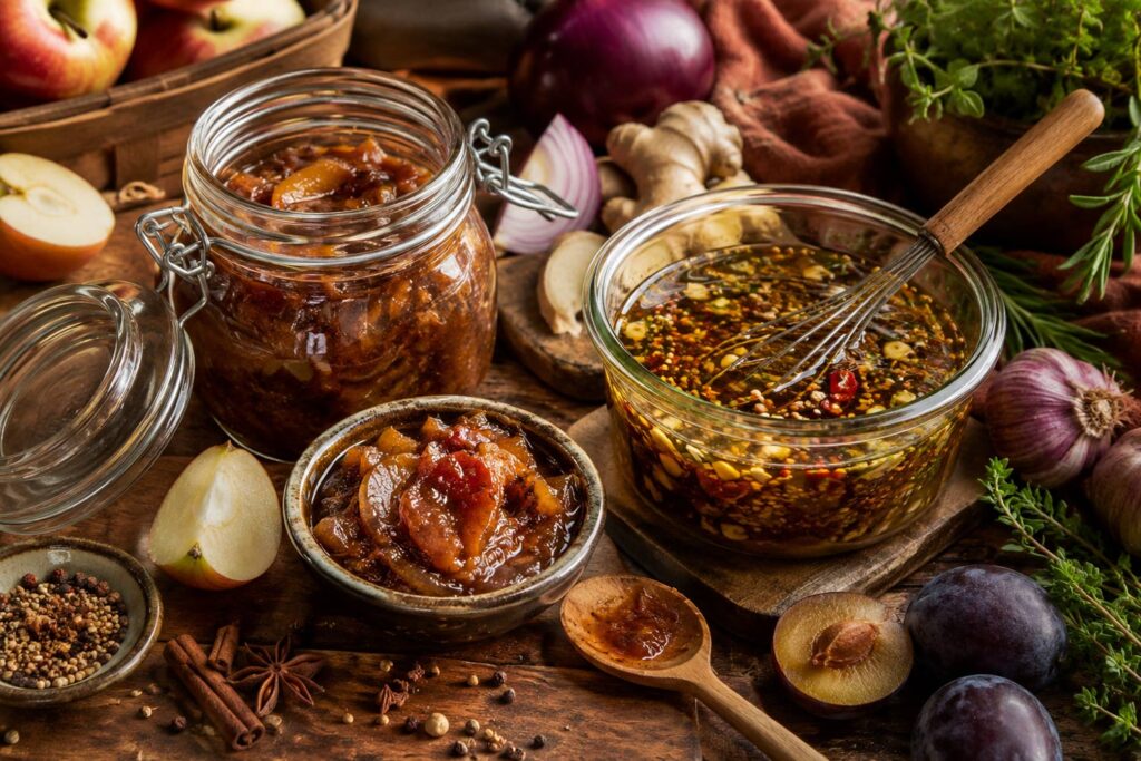 Házi chutney és fűszeres marinád gyümölcsökkel, hagymával, fűszerekkel és friss zöldfűszerekkel.