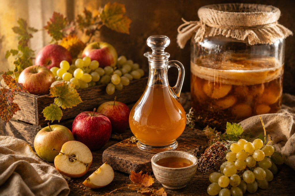 Fermentáció és természetes ecetkészítés almával, szőlővel és fermentálódó gyümölcsökkel, rusztikus, őszi hangulatú környezetben.
